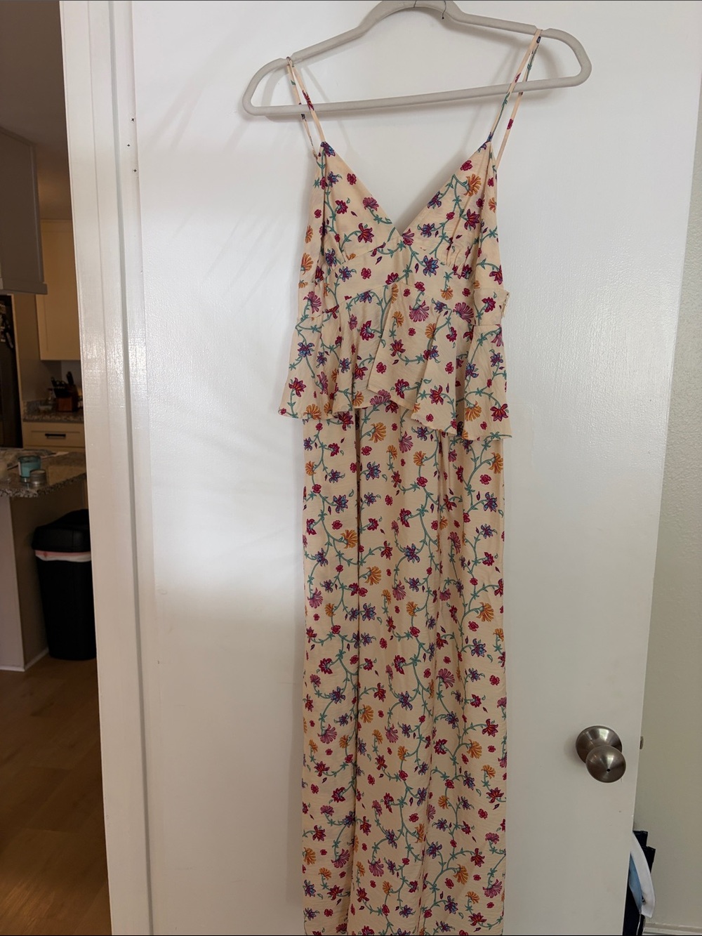 Womens Cream Floral Spaghetti-Strap Dress with Tiered Bodice